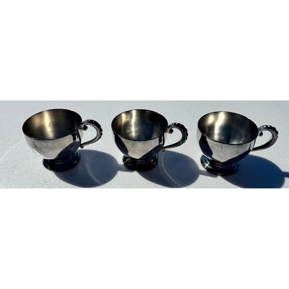 Poole Silver Plated Teacups‎ Set of 3 Silver Good Footed Scrolled Handle Vintage